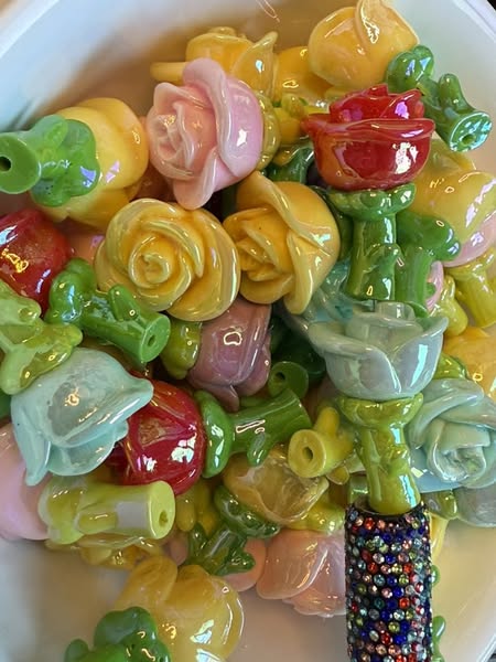 Fully 3D single open rose bead with stem