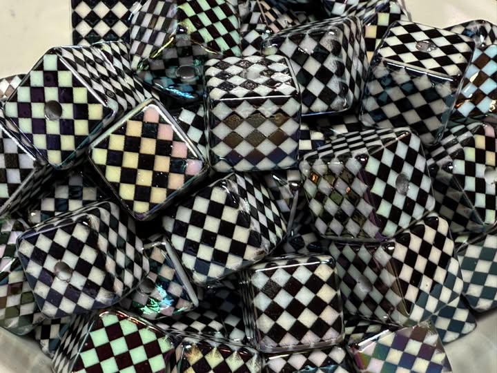 18mm harlequin black and white design with a beautiful ab double coating bead