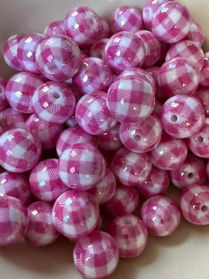 16mm Pink Gingham Plaid Acrylic Beads for Pens & Keychains | Fluffy Stuff VT
