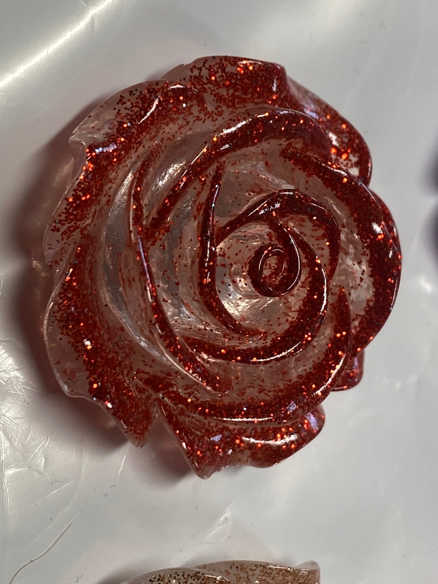 36mm lumi glitter and textured 3D rose flat back charms