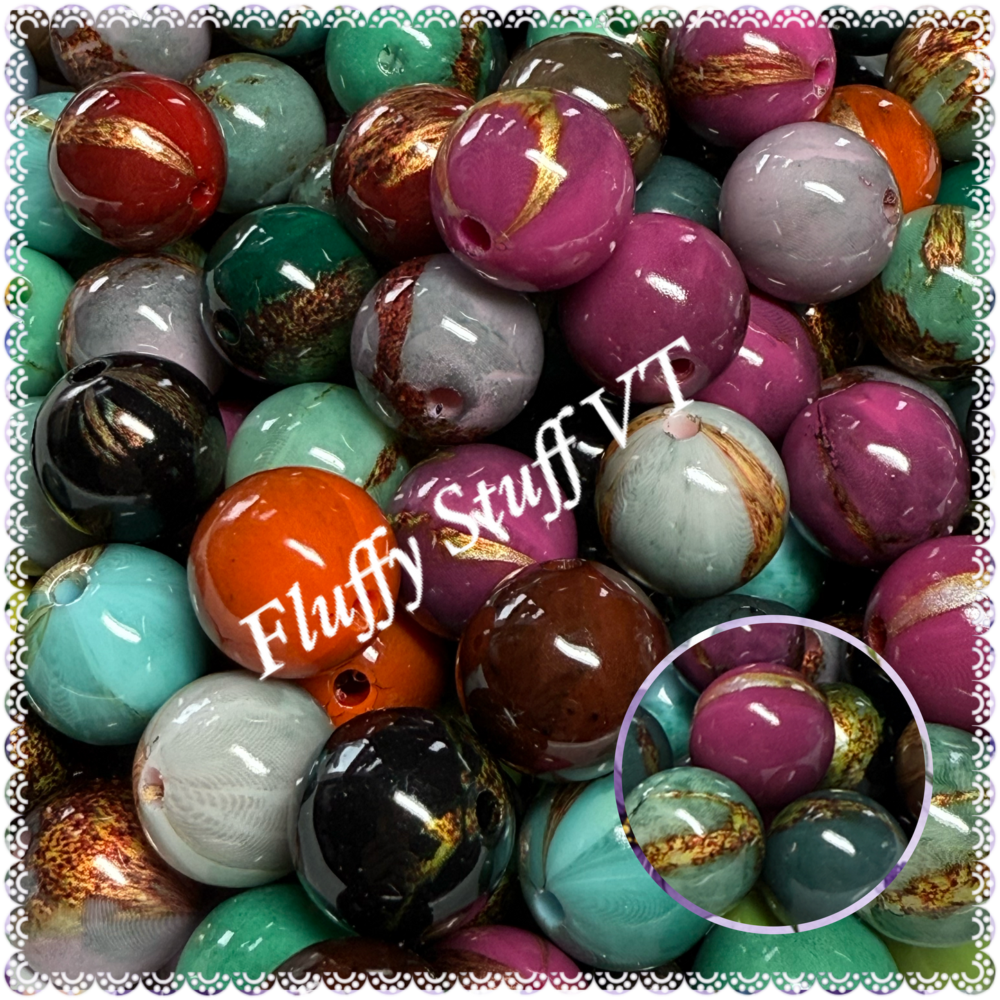 16mm mixed marble blend with vintage gold swatches.