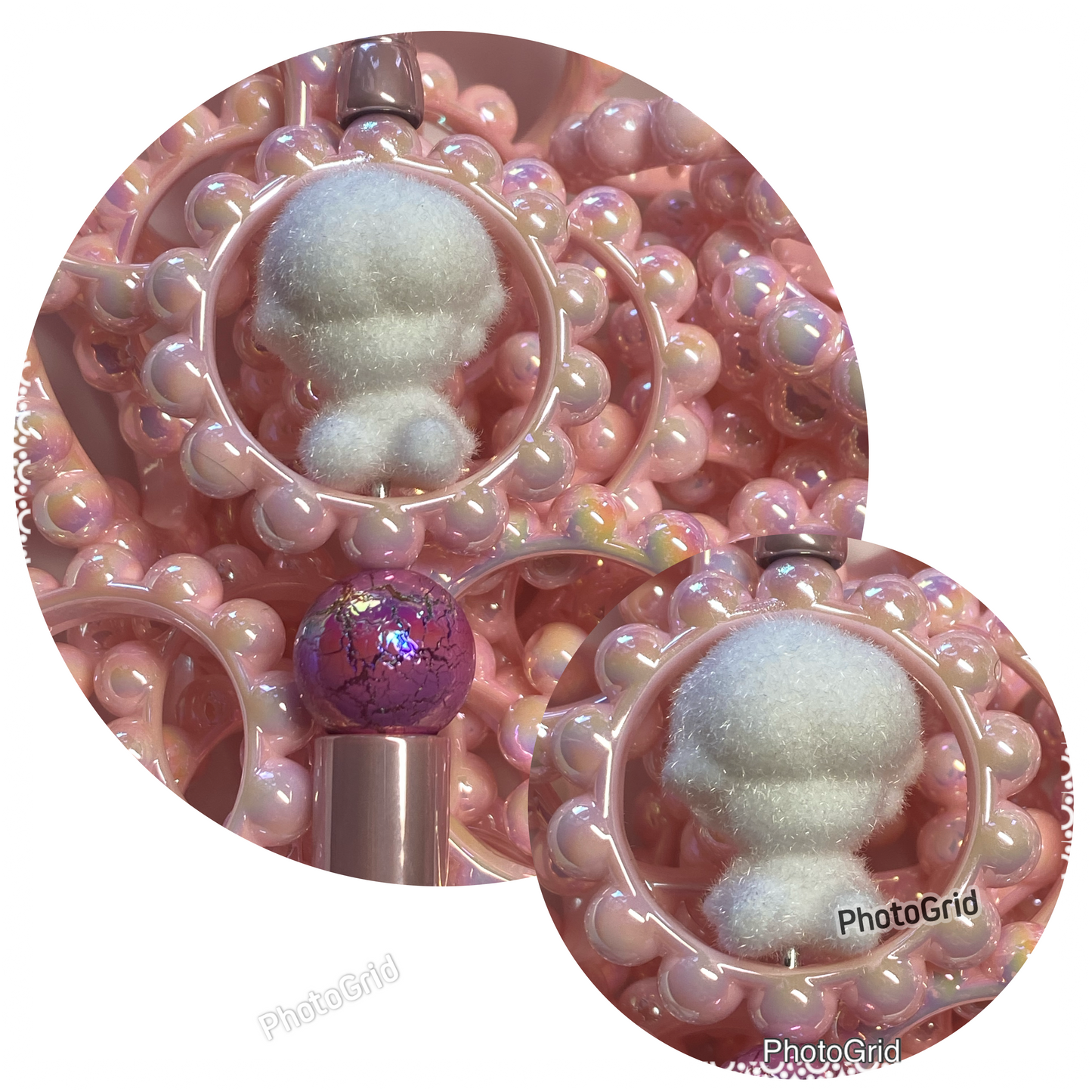 42mm uv coated pink scallop frame and fuzzy Dimo bead