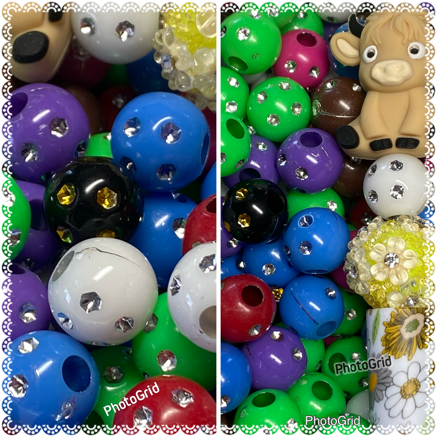 10mm acrylic with silver/gold faux rhinestone beads