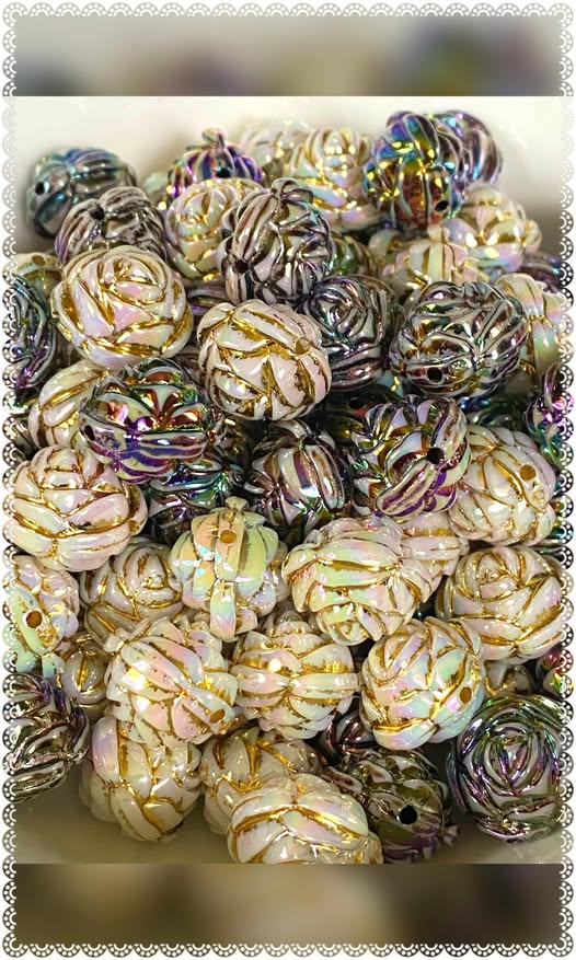 18mm open roses with a vintage gold embellishment covered in uv gloss beads