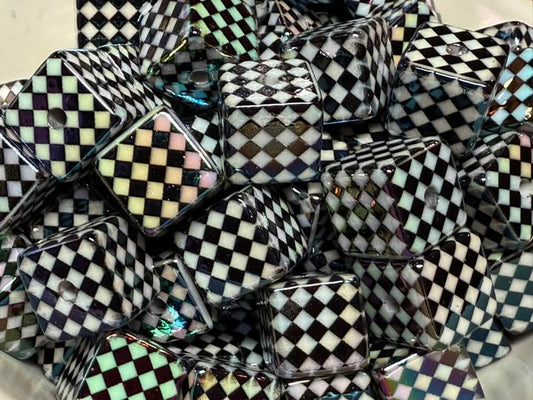 18mm harlequin black and white design with a beautiful ab double coating bead