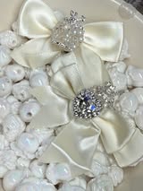 60mm satin bow with large gem heart a sugar bead with a stunning crown.