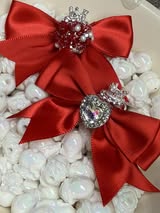 60mm satin bow with large gem heart a sugar bead with a stunning crown.