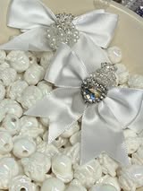 60mm satin bow with large gem heart a sugar bead with a stunning crown.