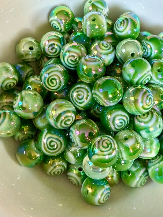 16mm green bead with white swirl