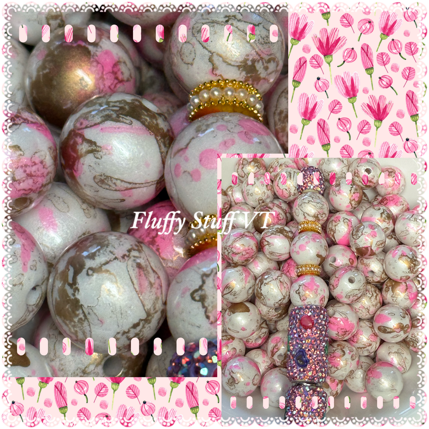 16mm pink and gold spilled paint bead