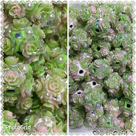 14mm roses and rhinestone clay beads