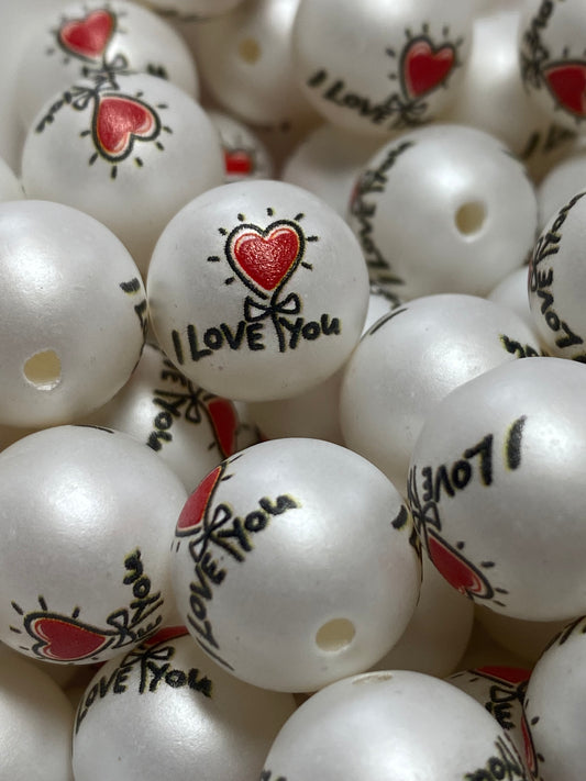 16mm I love you printed pearl style bead