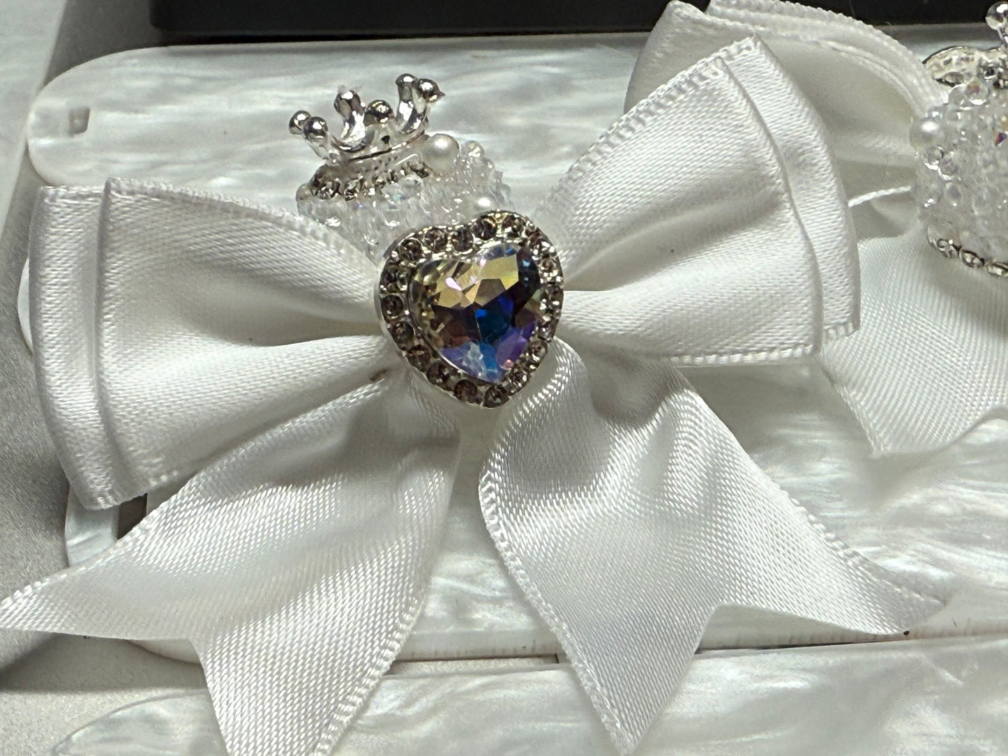 60mm satin bow with large gem heart a sugar bead with a stunning crown.