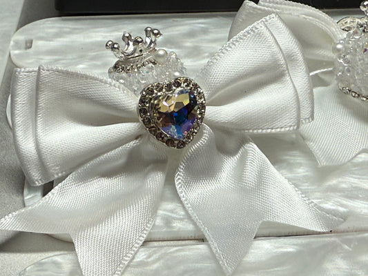 60mm satin bow with large gem heart a sugar bead with a stunning crown.