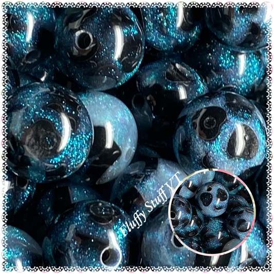16mm teal glitter galaxy with black tiger eye heart chip bead