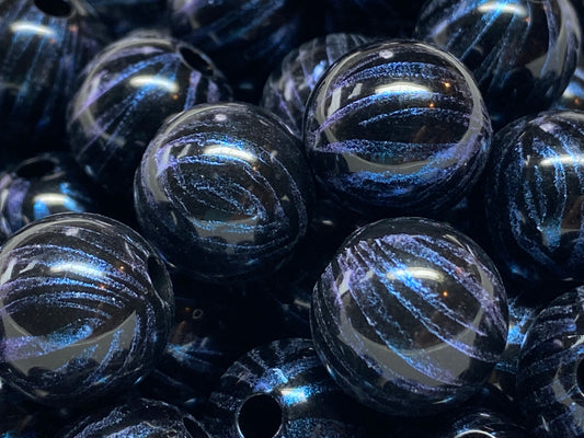 16mm black with stripes of blue/teal galaxy bead